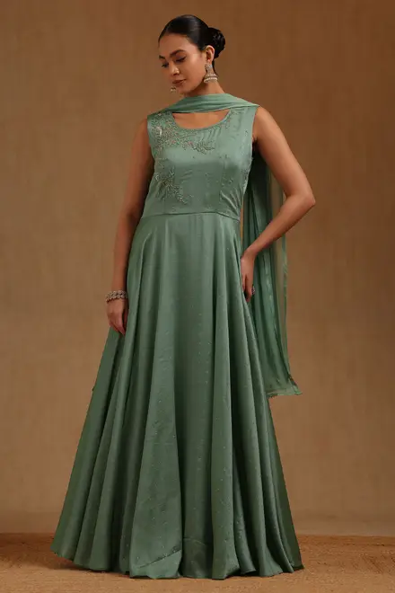 Powder Blue Vichitra Embroidered Gown With Cutdana